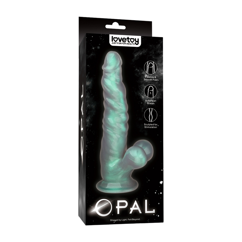 LoveToy - Opal Pearl Sheen - Geribbelde Dildo met Scrotum - 25 cm – Groen