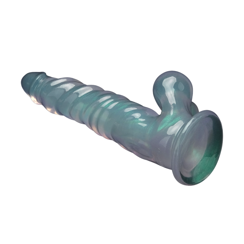 LoveToy - Opal Pearl Sheen - Geribbelde Dildo met Scrotum - 25 cm – Groen