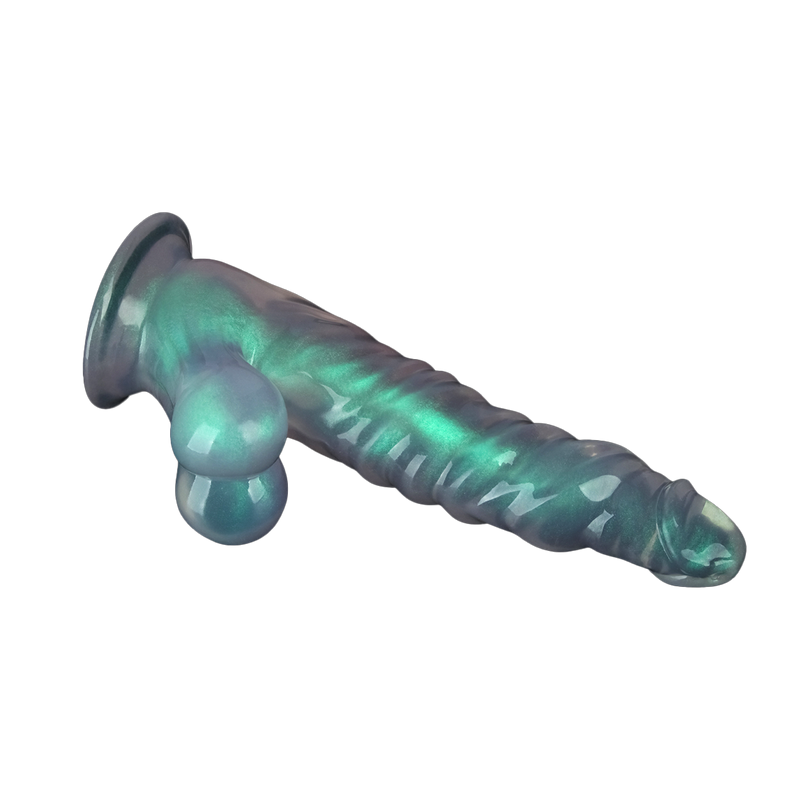 LoveToy - Opal Pearl Sheen - Geribbelde Dildo met Scrotum - 25 cm – Groen