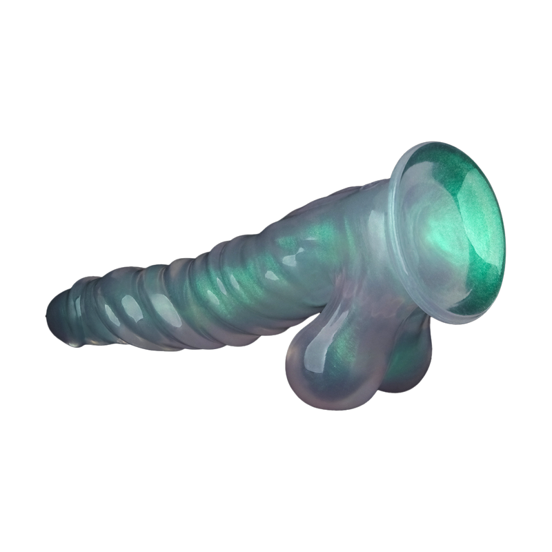 LoveToy - Opal Pearl Sheen - Geribbelde Dildo met Scrotum - 25 cm – Groen