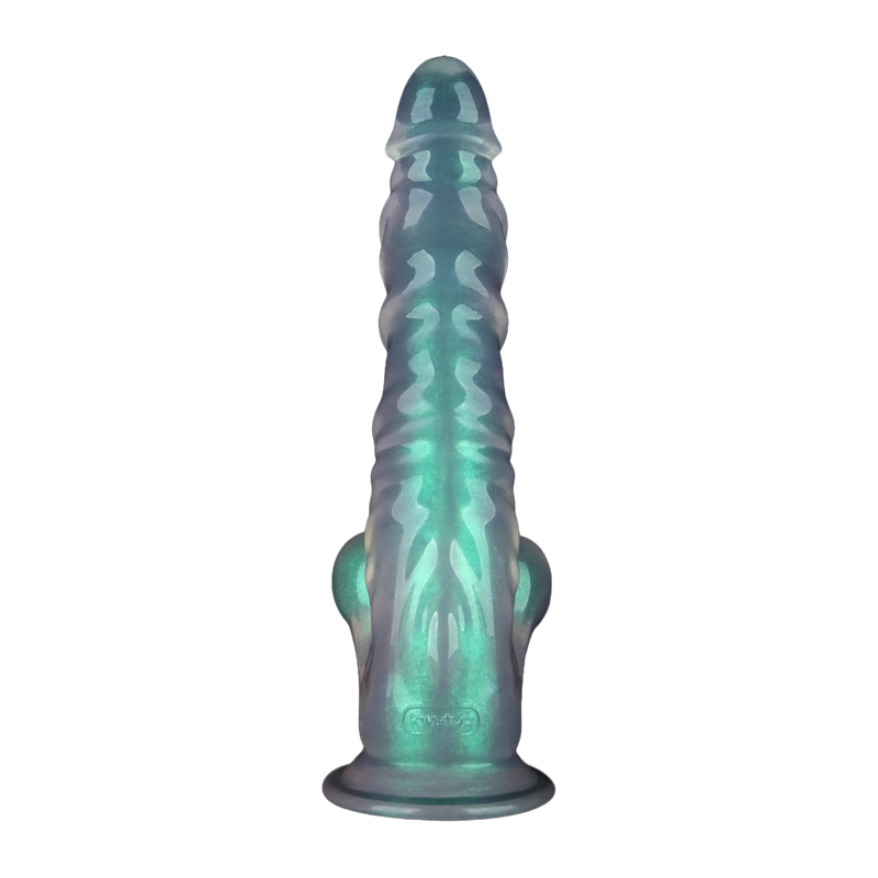 LoveToy - Opal Pearl Sheen - Geribbelde Dildo met Scrotum - 25 cm – Groen