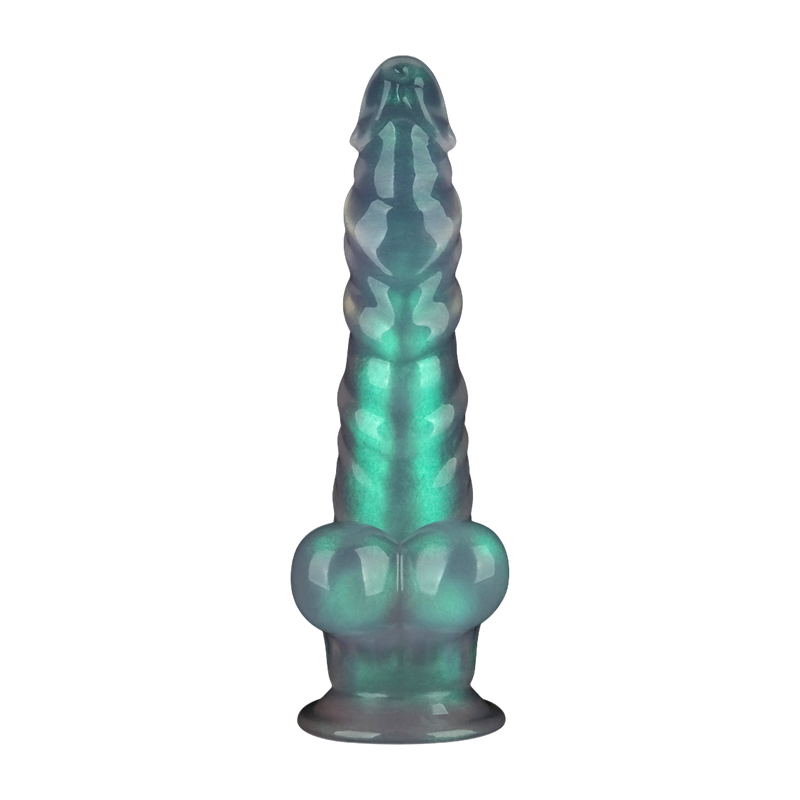 LoveToy - Opal Pearl Sheen - Geribbelde Dildo met Scrotum - 25 cm – Groen