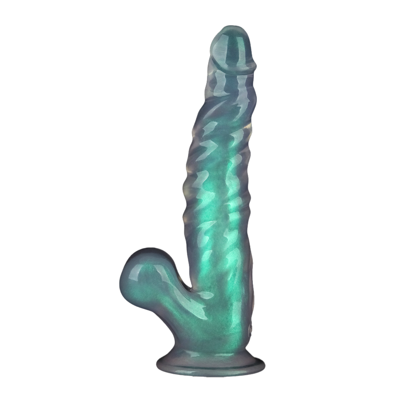 LoveToy - Opal Pearl Sheen - Geribbelde Dildo met Scrotum - 25 cm – Groen