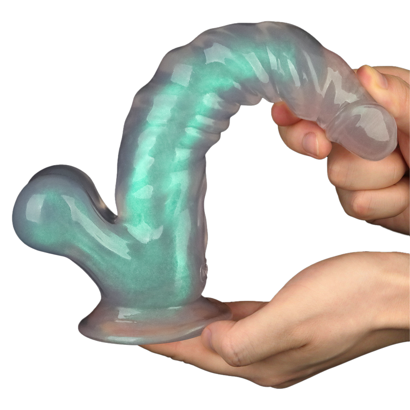 LoveToy - Opal Pearl Sheen - Geribbelde Dildo met Scrotum - 25 cm – Groen
