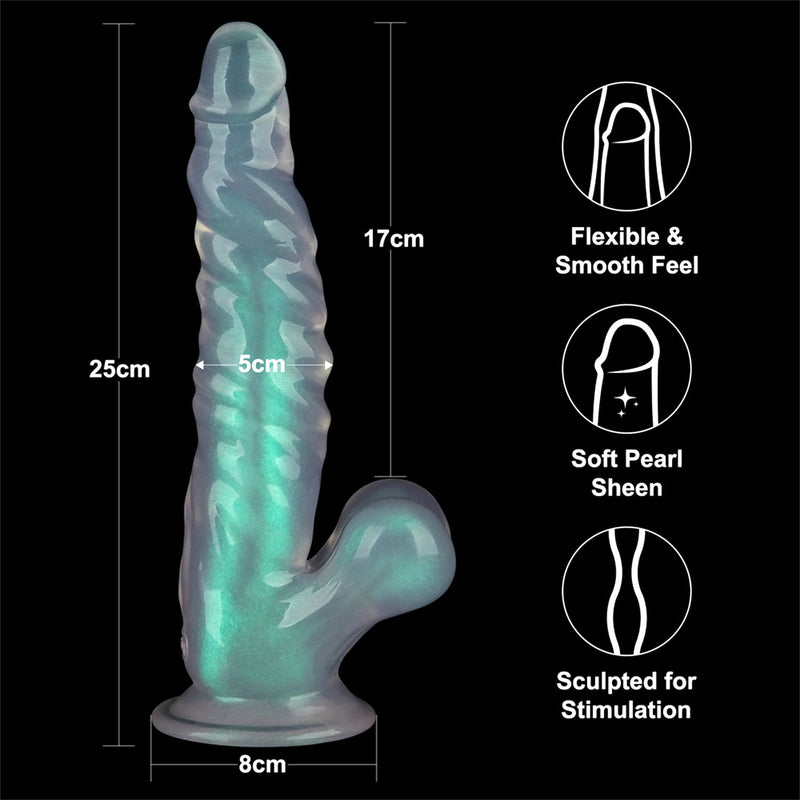 LoveToy - Opal Pearl Sheen - Geribbelde Dildo met Scrotum - 25 cm – Groen
