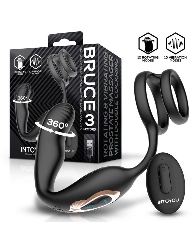IY - Bruce - Prostaatmassager 360° - Met dubbele penisring - Zwart-Erotiekvoordeel.nl