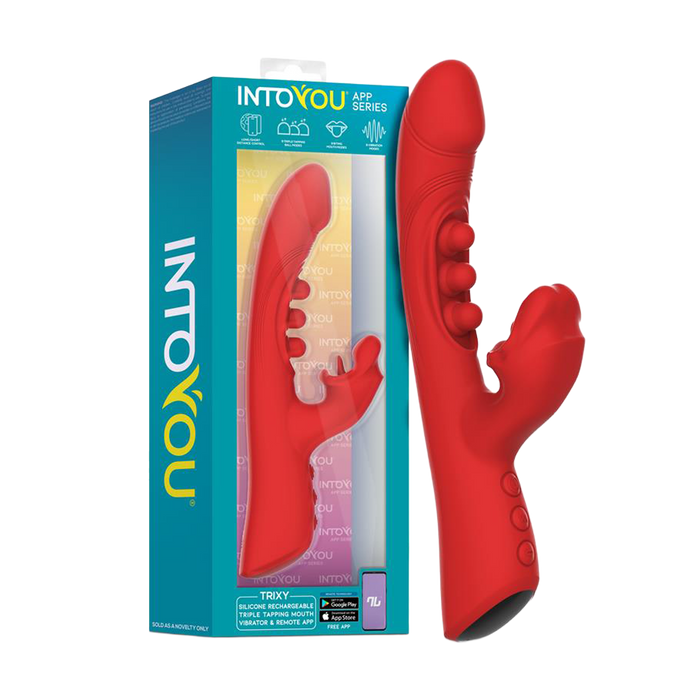 IY - Trixy - Driedubbele Kloppende Rabbit Vibrator met Likkende Tong - App Control - Rood-Erotiekvoordeel.nl