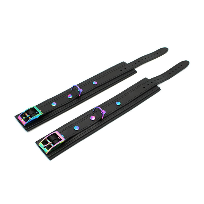 Kiotos - Premium Lederen Enkelboeien - Metalen Hardware in Unicorn Kleuren - Zwart/Rainbow-Erotiekvoordeel.nl