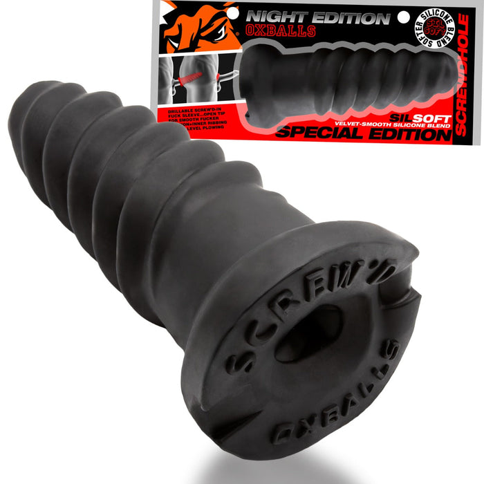 Oxballs - Screwdhole - Inbrengbare Fuck Sleeve - Night Edition - Siliconen/TPR - Zwart-Erotiekvoordeel.nl
