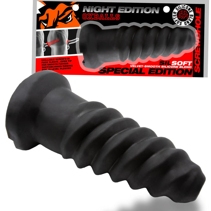 Oxballs - Screwdhole - Inbrengbare Fuck Sleeve - Night Edition - Siliconen/TPR - Zwart-Erotiekvoordeel.nl