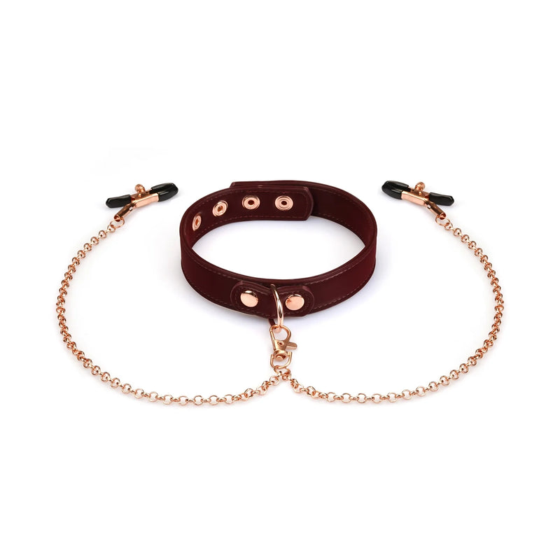 Liebe Seele - Metallic Shade Red - Vegan PU Lederen Collar met Tepelklemmen - Rood/Rosé Goud-Erotiekvoordeel.nl