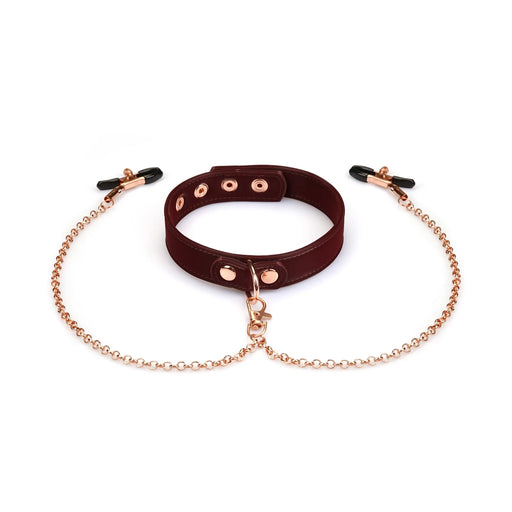Liebe Seele - Metallic Shade Red - Vegan PU Lederen Collar met Tepelklemmen - Rood/Rosé Goud-Erotiekvoordeel.nl