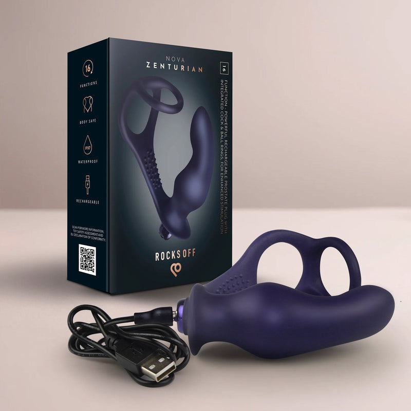 Rocks-Off - Nova Zenturian - Prostaatplug met penis- en testikelringen - Blauw