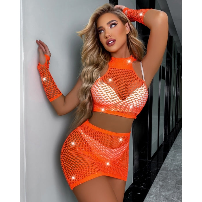 Snapshot - #picoftheday - Visnet Rokje, Topje en Handschoenen met Strass steentjes - One Size - Oranje-Erotiekvoordeel.nl
