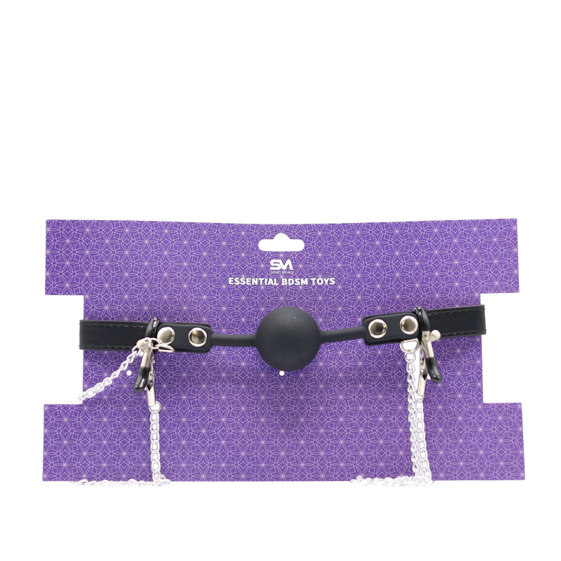Smart Moves - Siliconen Spikes Ball Gag met Tepelklemmen - Zwart