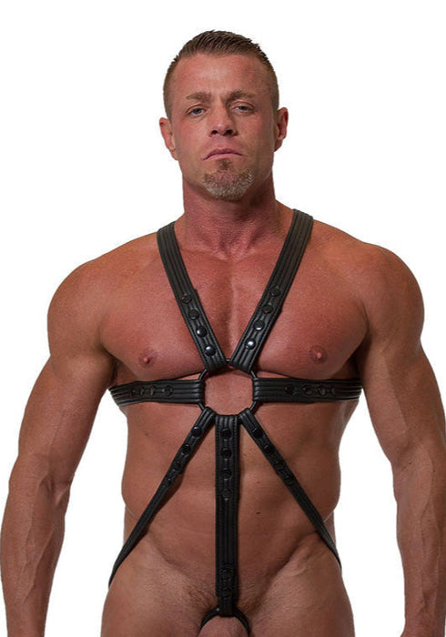 665 - Body Harnas - Neoprene Jock Harness - Zwart - Riemenbody - Verkrijgbaar in S/M en L/XL-Laced-up.nl