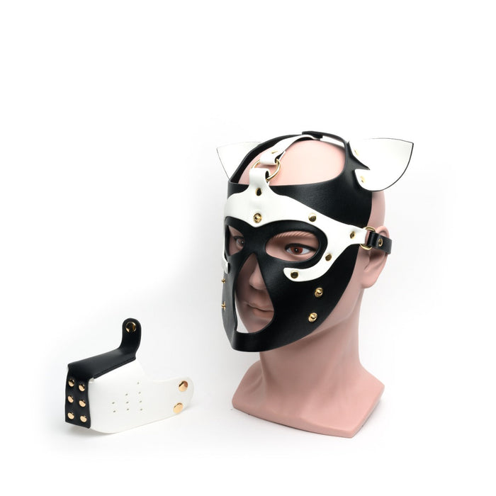 665 - Bondage Pup Hood Black White - Zwart Witte Puppy Play Hood - PU Leer - One Size-Laced-up.nl