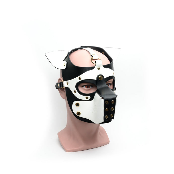 665 - Bondage Pup Hood Black White - Zwart Witte Puppy Play Hood - PU Leer - One Size-Laced-up.nl
