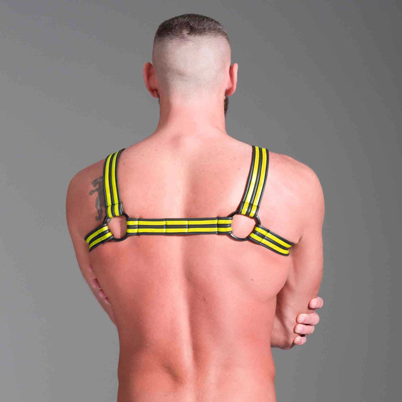 665 - Riemenbody - Neoprene Bulldog Harness - Zwart/Geel - Verkrijgbaar in 3 maten-Erotiekvoordeel.nl