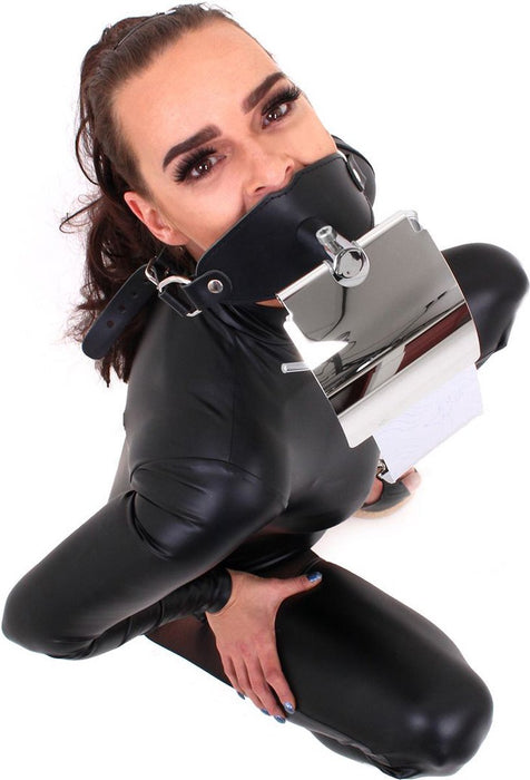 Kiotos - Gag met WC-rol houder - Leder/RVS - Zwart-Erotiekvoordeel.nl