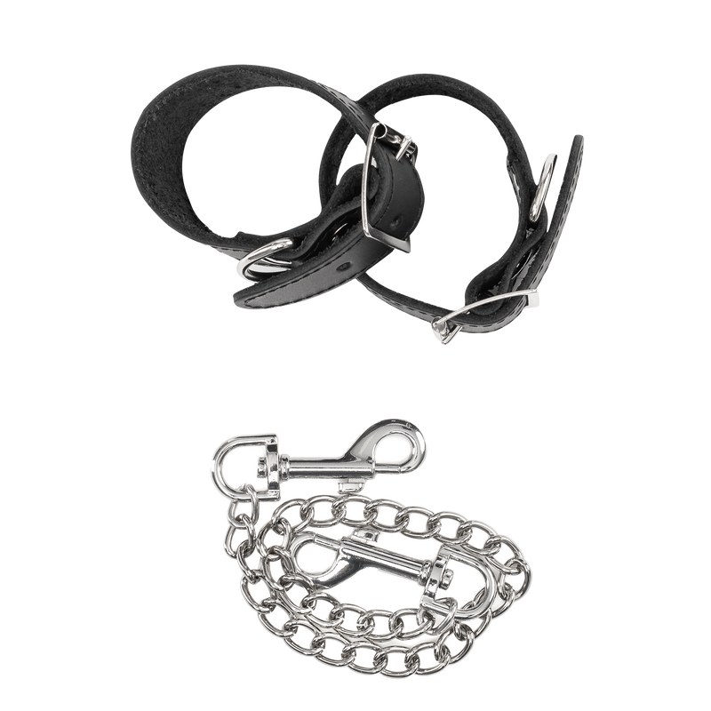 Rimba - Lederen Handboeien met Afneembare Ketting - Zwart/Zilver-laced-up.nl