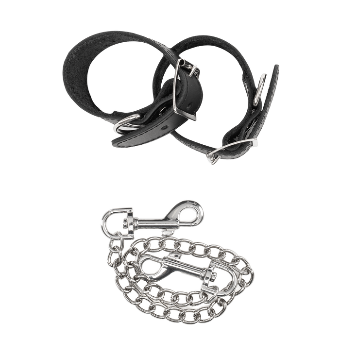 Rimba - Lederen Handboeien met Afneembare Ketting - Zwart/Zilver-Erotiekvoordeel.nl