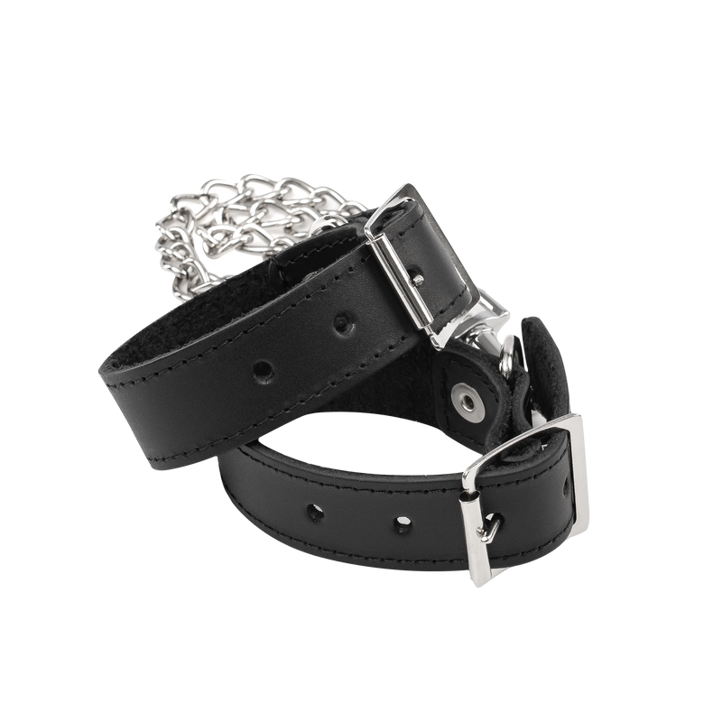 Rimba - Lederen Handboeien met Afneembare Ketting - Zwart/Zilver-laced-up.nl