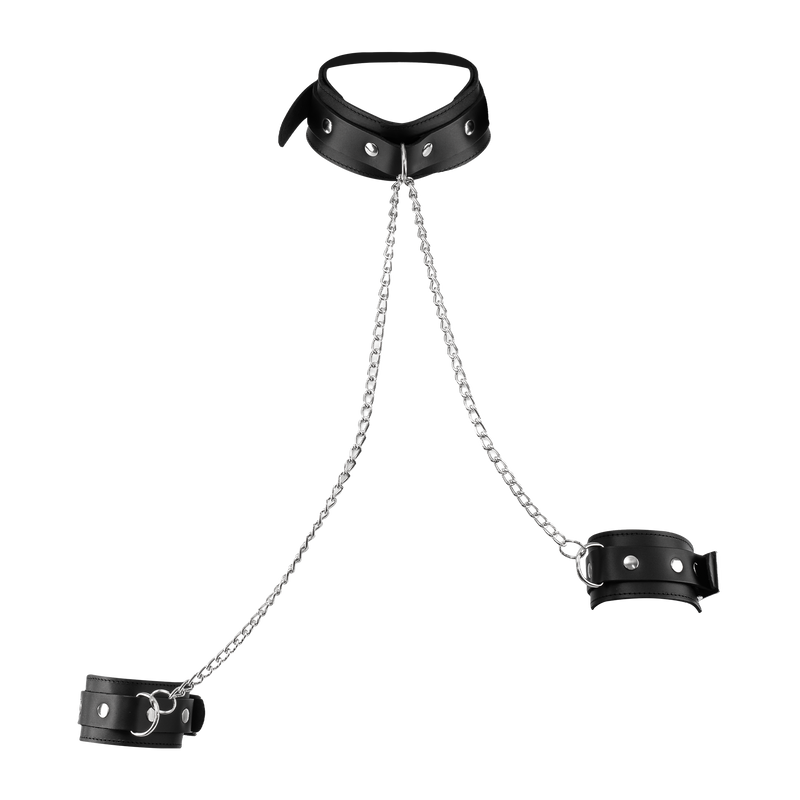Rimba - Lederen Boeienset met Halsband en Ketting - Zwart/Zilver-laced-up.nl