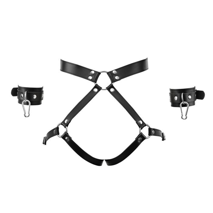 Rimba - Luxe Lederen Bondageharnas met Boeien - Zwart-Erotiekvoordeel.nl