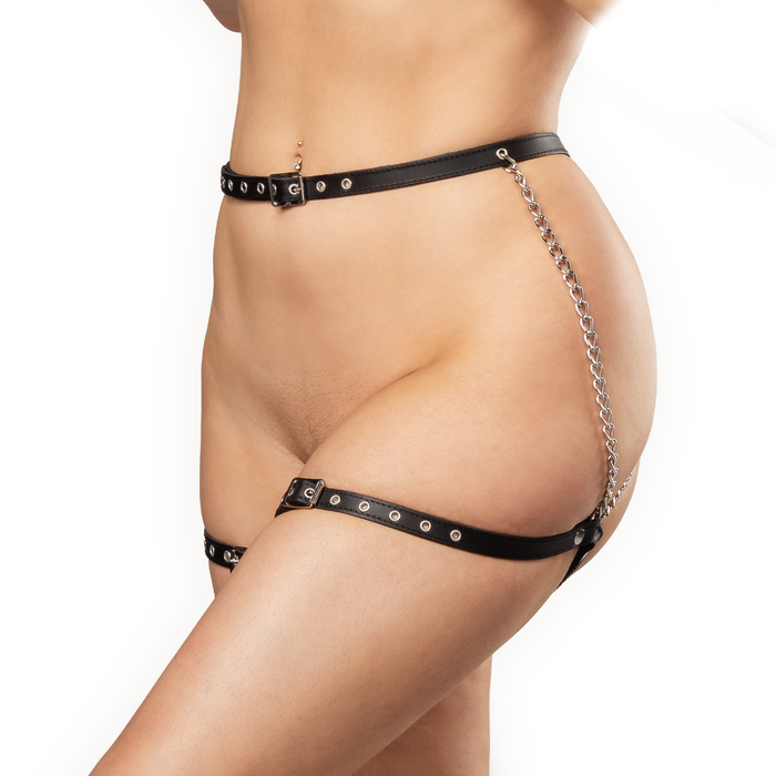 Rimba - Lederen Bondage Harnas met Metalen Kettingen - Zwart & Zilver-Erotiekvoordeel.nl