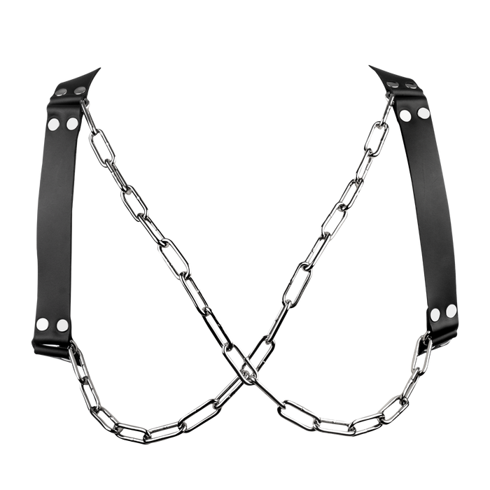 Rimba - Lederen Borstharnas met Kettingen - Zwart/Zilver-Erotiekvoordeel.nl