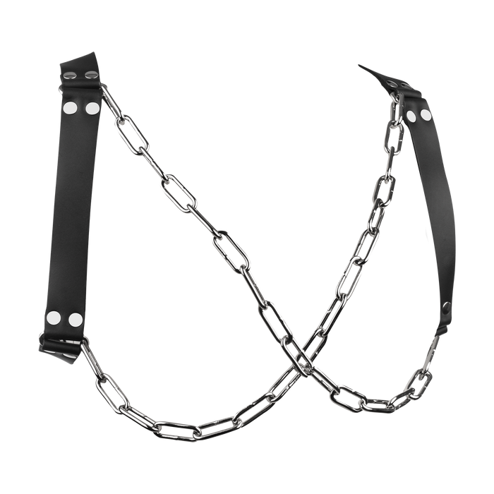 Rimba - Lederen Borstharnas met Kettingen - Zwart/Zilver-Erotiekvoordeel.nl