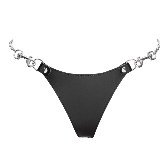 Rimba - Lederen string met afneembare kettingen - Zwart/Zilver-Erotiekvoordeel.nl