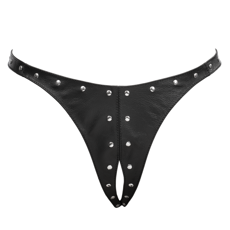 Rimba - Lederen Dames String met Open Kruis - Gedecoreerd met Studs - Zwart-laced-up.nl