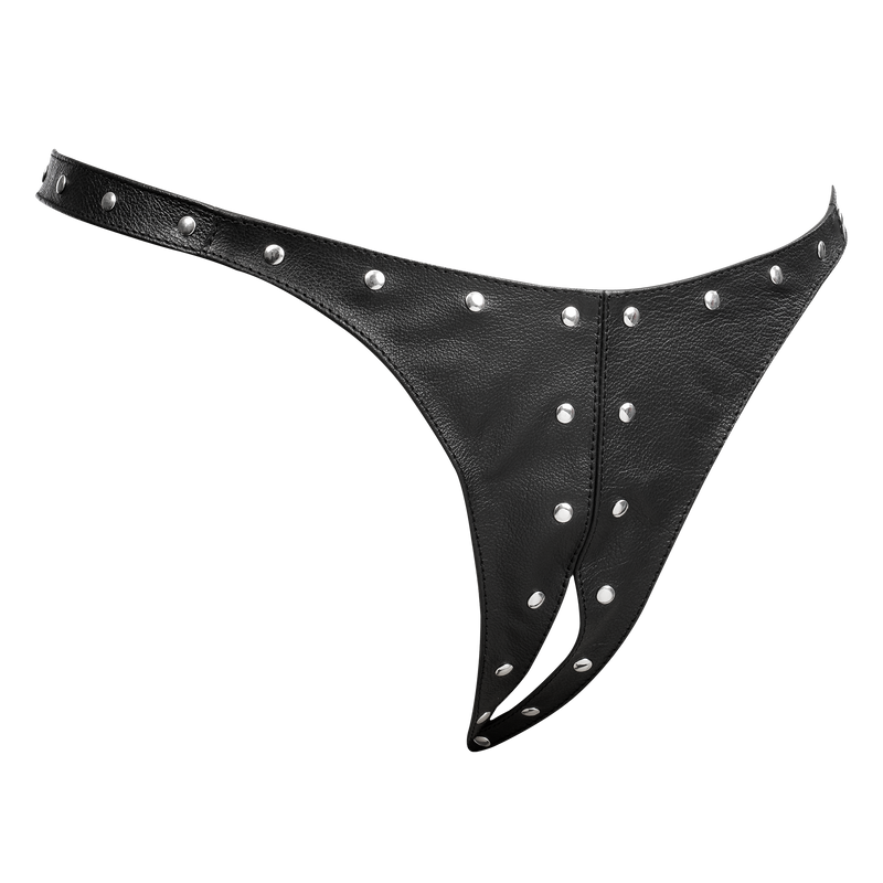 Rimba - Lederen Dames String met Open Kruis - Gedecoreerd met Studs - Zwart-laced-up.nl