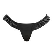 Rimba - Luxe Lederen Dames String met Ruches - Rekbare Bandjes - Zwart-laced-up.nl