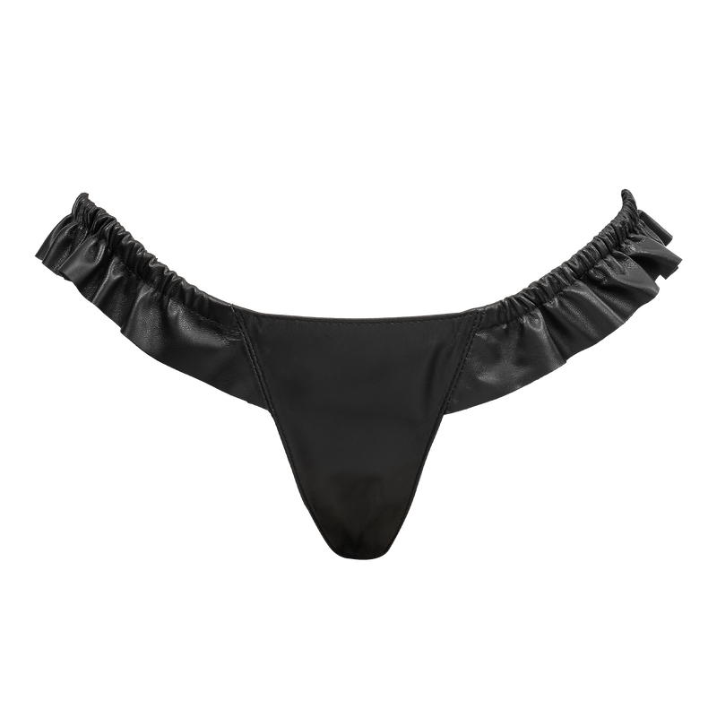 Rimba - Luxe Lederen Dames String met Ruches - Rekbare Bandjes - Zwart-laced-up.nl