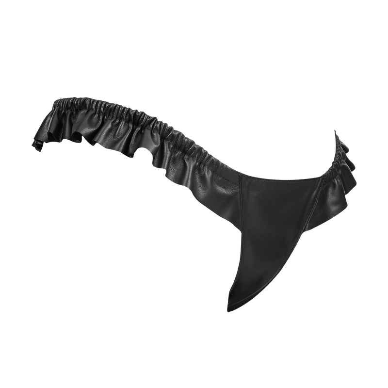 Rimba - Luxe Lederen Dames String met Ruches - Rekbare Bandjes - Zwart-laced-up.nl