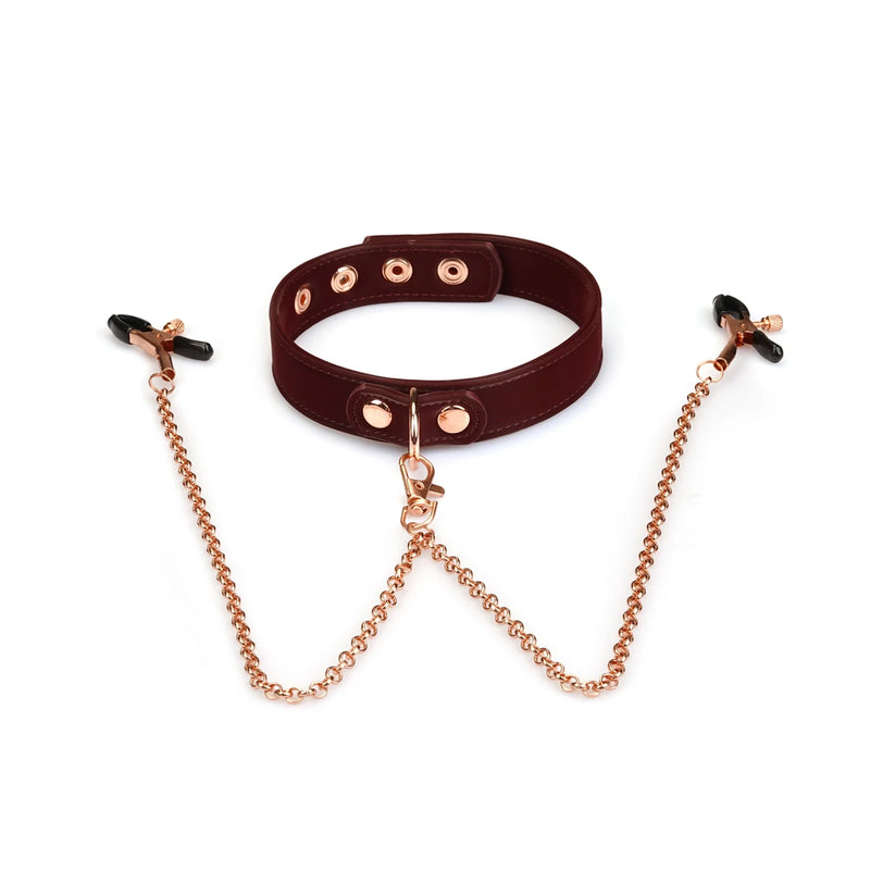 Liebe Seele - Metallic Shade Red - Vegan PU Lederen Collar met Tepelklemmen - Rood/Rosé Goud-Erotiekvoordeel.nl