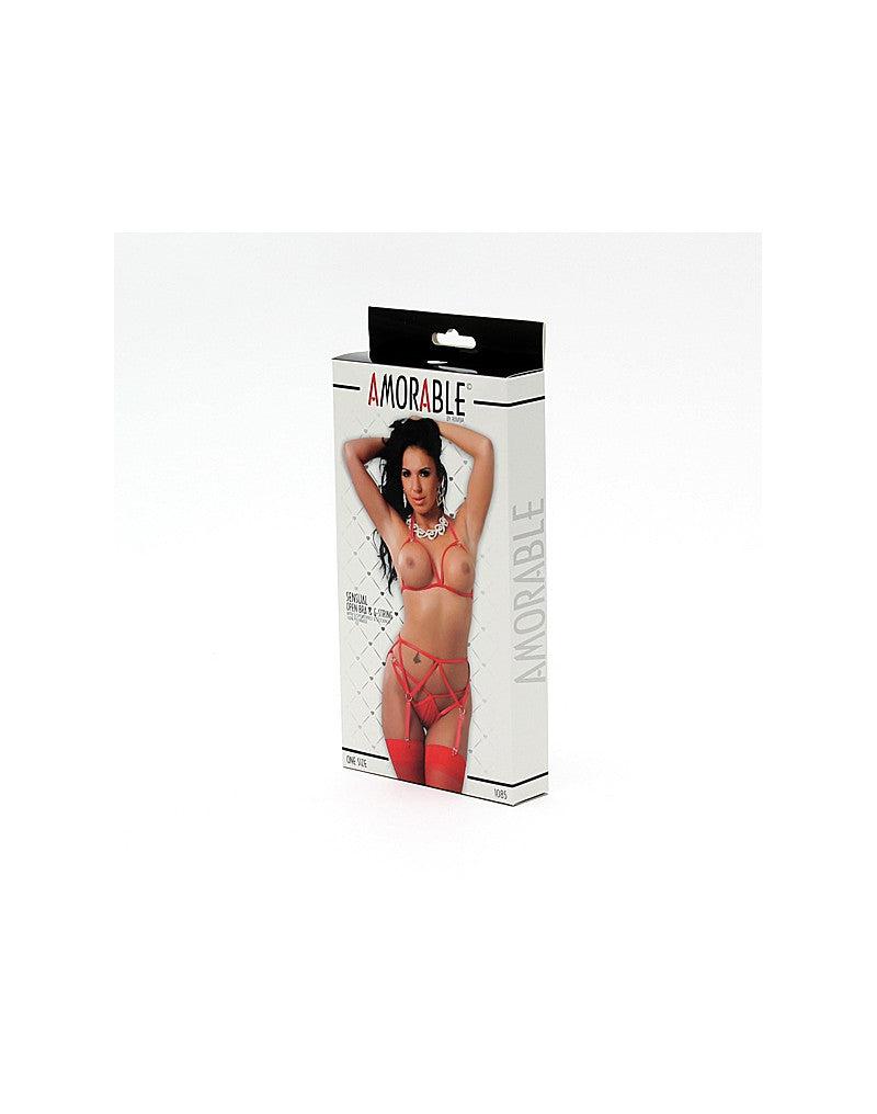 Amorable - Lingerie-Set mit Trägern - Offener BH - String - Strumpfhalter und Strümpfe - Rot - Laced-up.nl