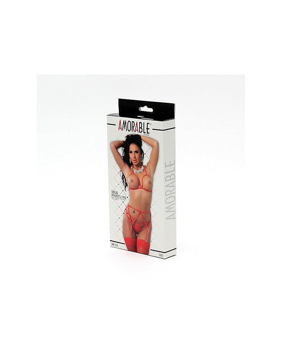 Amorable - Bandjes Lingerieset - Open BH - String - Jarretelles En Kousen - Rood-Laced-up.nl