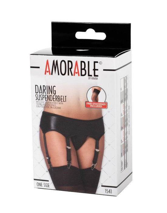 Amorable - Wetlook Jarretelgordel Met Slip En Kousen - Zwart - One Size-Laced-up.nl