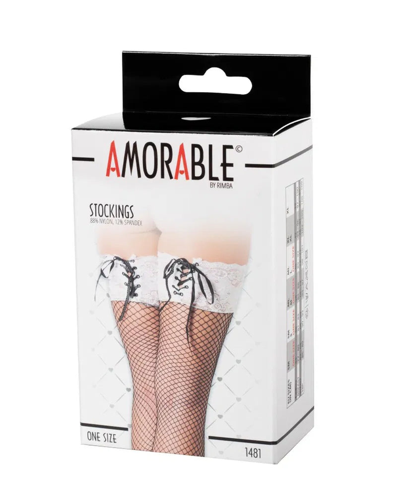 Amorable - Erotic Fishnet Stockings with White Lace Band and Lace-Up Closure - One Size - Laced-up.nl