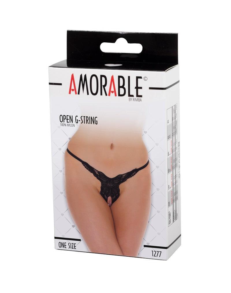 Amorable - String érotique - String en dentelle de luxe avec entrejambe ouvert et motif d'ailes - Noir - Taille unique - Laced-up.nl