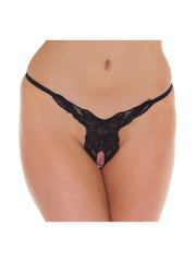 Amorable - String érotique - String en dentelle de luxe avec entrejambe ouvert et motif d'ailes - Noir - Taille unique - Laced-up.nl