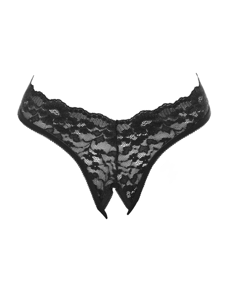 Amorable - G-String with Lace Ruffles - Open Crotch - One Size - Black-Laced-up.nl
