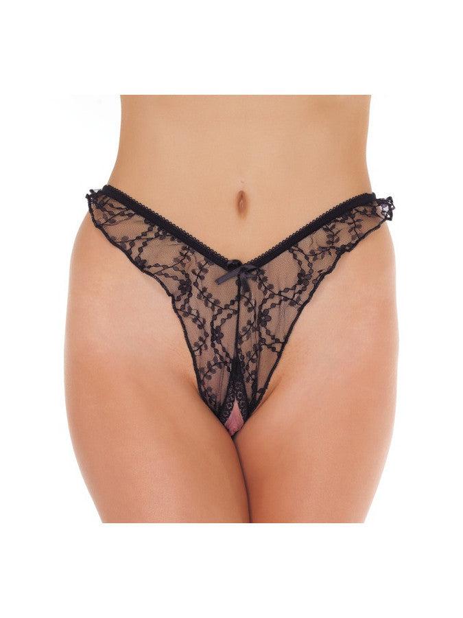 Amorable - Brasilianischer Spitzen-String mit offenem Schritt - Schwarz-Laced-up.nl