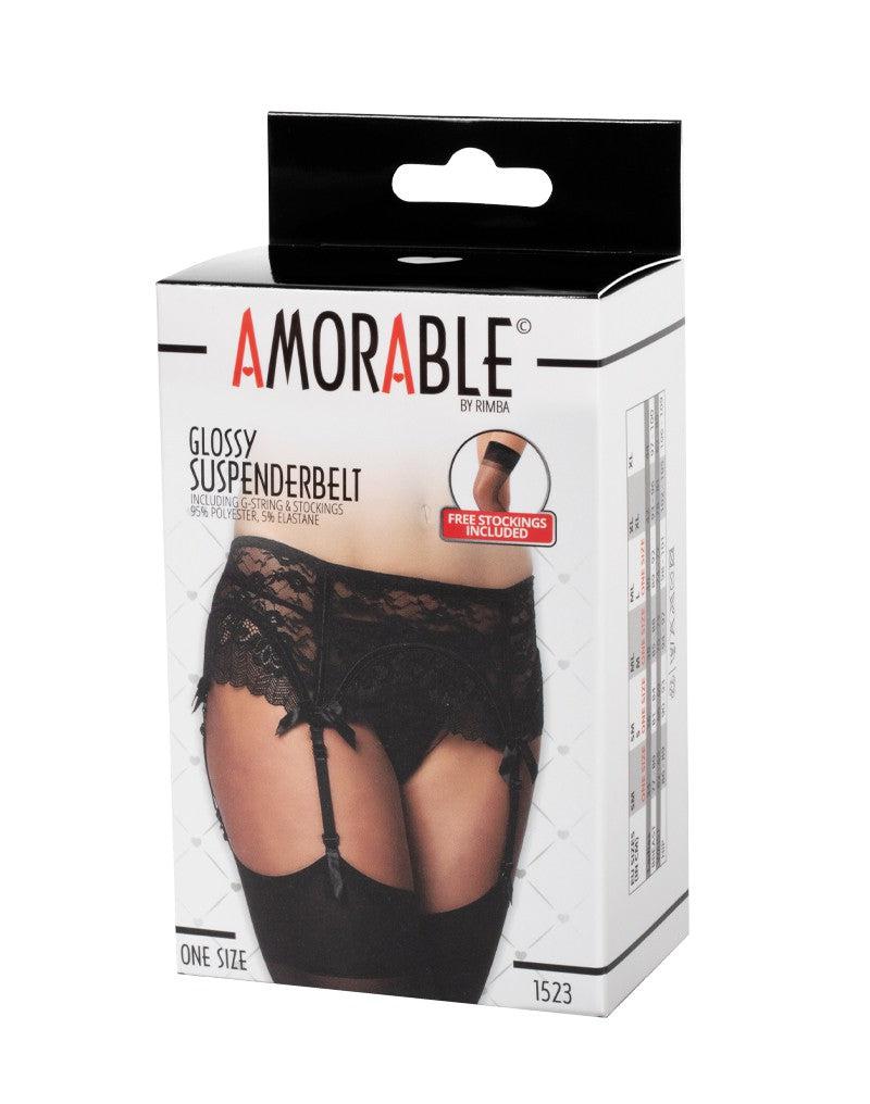 Amorable - Faja de liguero de encaje con espalda abierta - Incluye tanga y medias - Negro-Erotiekvoordeel.nl