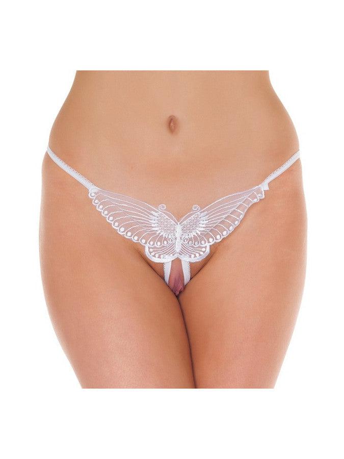 Amorable - Luxuriöser Spitzen-Schmetterlings-String mit offenem Schritt - Weiß - Einheitsgröße - Laced-up.nl