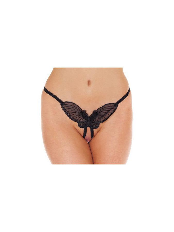 Amorable - Luxe Kanten Vlinder String Met Open Kruis - Zwart - One Size-Erotiekvoordeel.nl